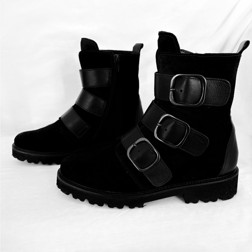 Gabor Black Triple Buckle Combat Boots